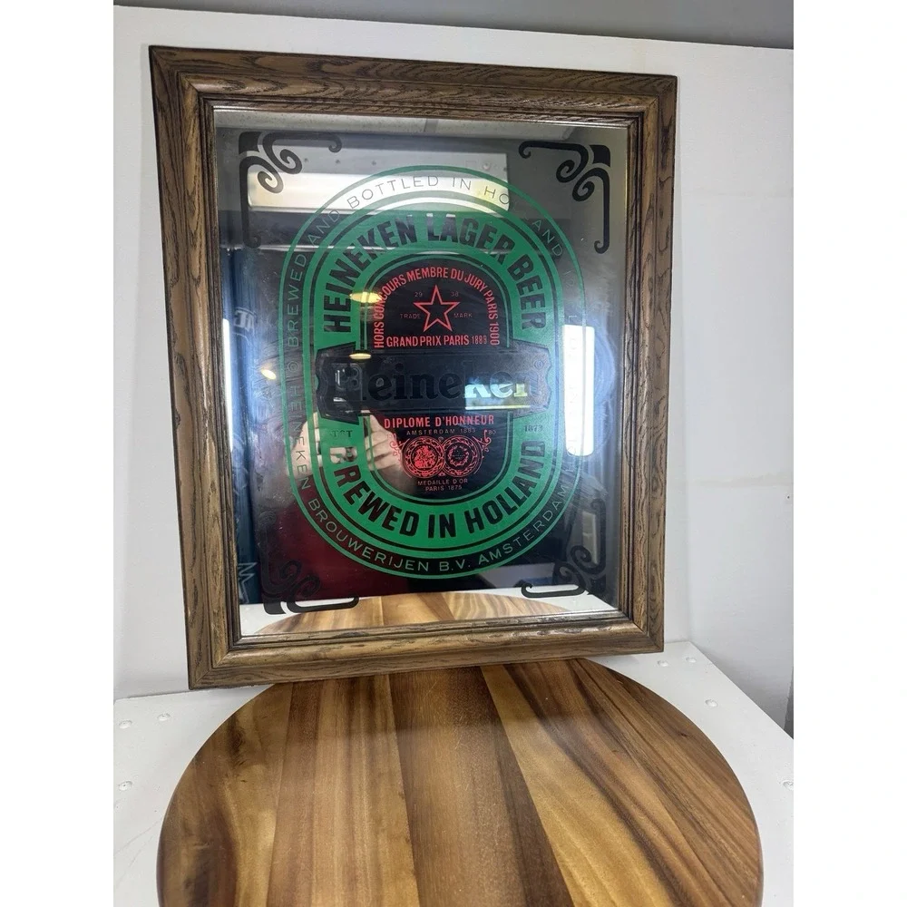 Vintage Heineken Beer Mirror Sign Wood Frame Bar Pub Decor 19.5 x 23.5in Sign